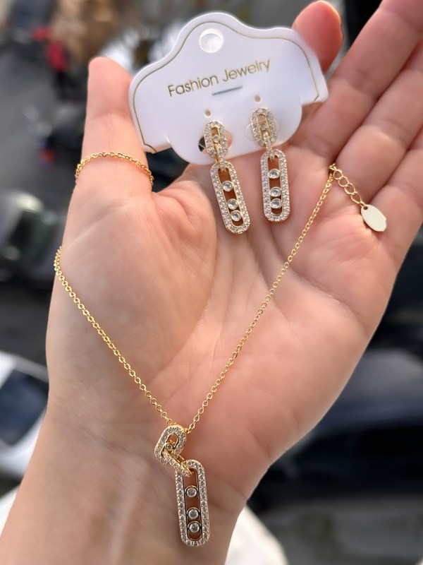 Sarı Çelik Kadın Küpe ve Kolye Set FRJW10008A-B 2 Yıl Garantili Hediye Paketli
